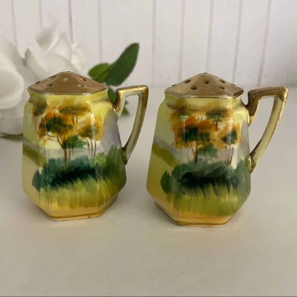 Vintage Nippon Salt Pepper Shakers Hand Painted Meadow Tree Yellow Green Gold